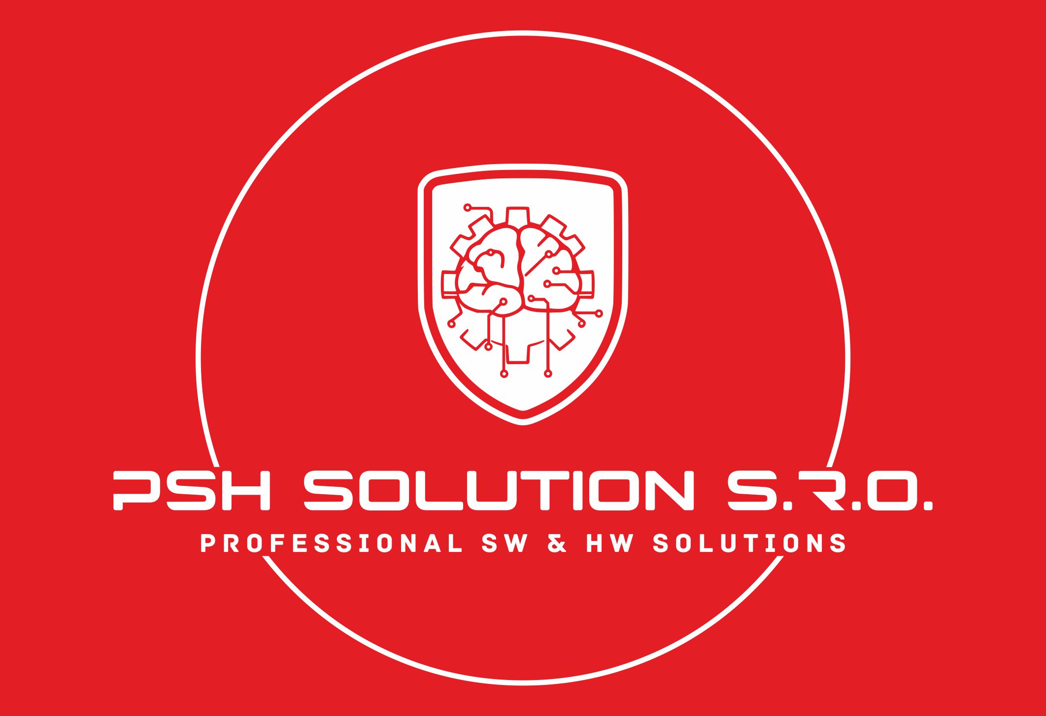 Velké logo PSH solution: štít s mozkem, ozubeným kolem a elektronickými spoji